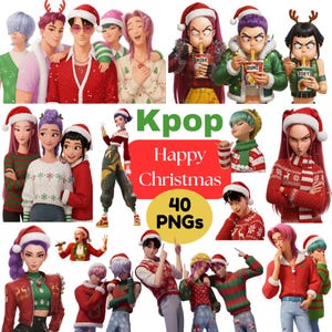 Peut inclure: Illustration numérique de personnages K-pop en tenues de Noël. Le texte "Kpop Happy Christmas" et "40 PNGs" est visible. Les personnages portent des bonnets de Père Noël et des pulls de fête.