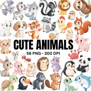 Aquarell niedliche Tiere Clipart, 56 Cartoon-Tiere PNG, Baby Tiere Bundle, druckbare Tiere, Kindergarten-Kunst, Waldtiere PNG