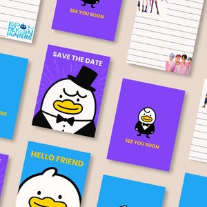 May include: A collection of colorful cards with cartoon duck illustrations. Some cards have text like "Save the Date," "Hello Friend," and "See You Soon." The cards are blue and purple.