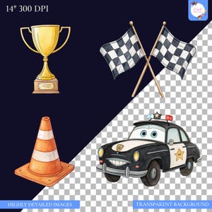May include: Watercolor illustration featuring a gold trophy, crossed checkered flags, an orange and white traffic cone, and a cartoon police car with a star badge. The image has the text "HIGHLY DETAILED IMAGES" and "TRANSPARENT BACKGROUND".