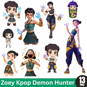 May include: A set of digital illustrations of a character called Zoey. The images show Zoey in different poses, holding glowing blue objects and wearing teal and gold outfits. The text "Zoey Kpop Demon Hunter" is displayed at the bottom of the image.