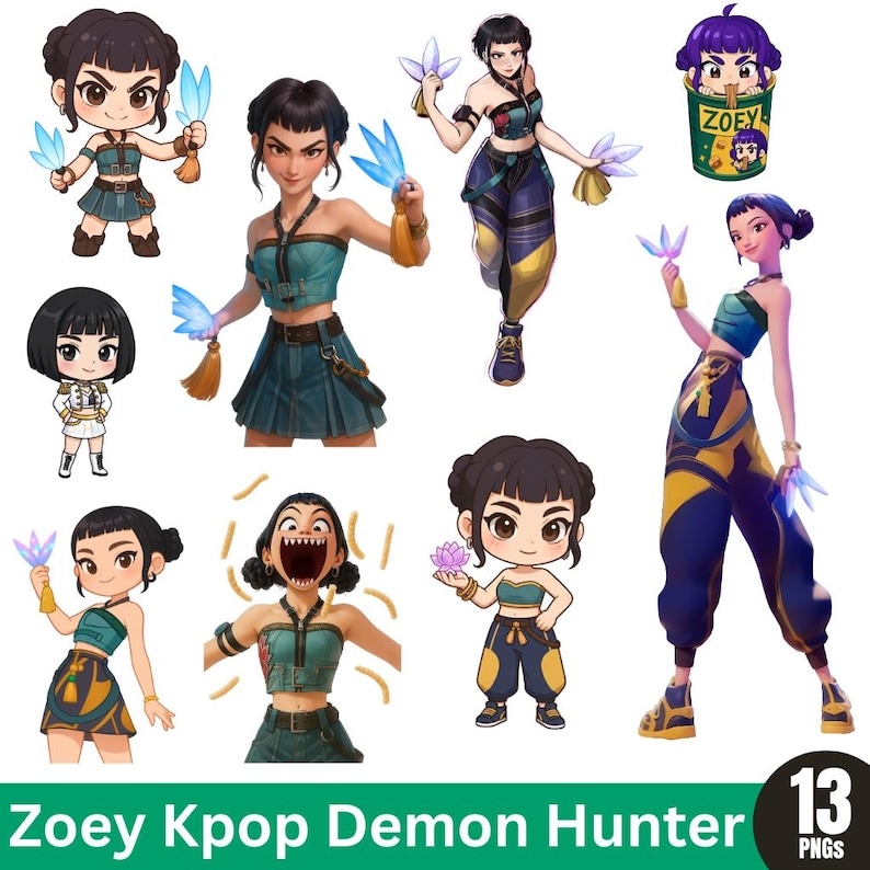 May include: A collection of digital illustrations featuring a character named Zoey. The images depict Zoey in various poses, holding glowing blue objects and wearing teal and gold outfits. The text "Zoey Kpop Demon Hunter" is at the bottom.