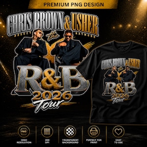 May include: Black t-shirt with a gold and silver graphic design for the "Chris Brown & Usher R&B 2026 Tour." The design includes images of the artists and the text "R&B 2026 Tour." The design is set against a black background.