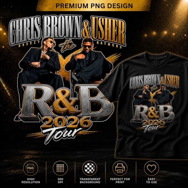 May include: Black t-shirt with a gold and silver graphic design for the "Chris Brown & Usher R&B 2026 Tour." The design includes images of the artists and the text "R&B 2026 Tour." The design is set against a black background.