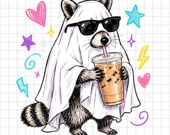 Raccoon Ghost Drinking Iced Coffee PNG, Funny Animal Meme Png, Coffee Raccoon Png, Digital Download