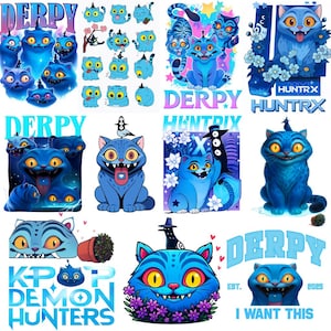 Puede incluir: Una colección de ilustraciones de gatos de dibujos animados en tonos azules, con ojos amarillos y diversas expresiones. Algunas imágenes incluyen los textos "DERPY", "HUNTRX", "HUNTRIX", "KPOP DEMON HUNTERS" y "I WANT THIS". El estilo es caprichoso y de dibujos animados.