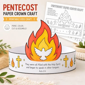 Op de afbeelding: Een printbaar Paaskroon knutselwerk voor kinderen. De kroon heeft een vlamontwerp met een duif in het midden, kruisen en de tekst "Zij werden allen vervuld met de Heilige Geest en begonnen te spreken in andere talen. Handelingen 2:4."