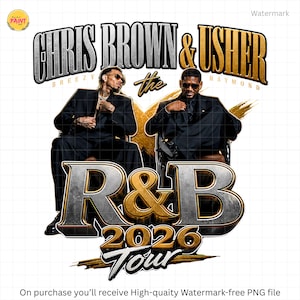 May include: A digital graphic promoting the "R&B 2026 Tour" featuring Chris Brown and Usher. The design uses silver and gold lettering, with the artists' names prominently displayed. The image includes the names "Breezy" and "Haymond".