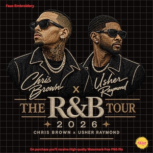 Könnte beinhalten: Eine digitale Grafik mit einer Stickerei-Optik von Chris Brown und Usher Raymond, die Sonnenbrillen und Goldketten tragen. Der Text umfasst "Chris Brown", "Usher Raymond", "THE R&B TOUR", "2026", "Faux Embroidery" und "Paint Hub". Der Hintergrund ist ein schwarzes Gitter.