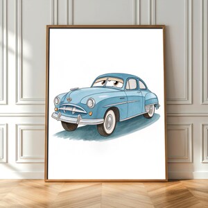 May include: A framed print featuring a light blue cartoon car with expressive eyes. The vintage-style vehicle has white-walled tires and chrome accents. The artwork is set against a white background, framed in a brown wooden frame.