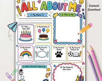 All About Me Worksheet Printable | First Day of School Kids Interview | Get to Know Me Back to School Classroom Activity | Digital Download