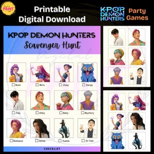 May include: A digital download print featuring a "KPOP DEMON HUNTERS Scavenger Hunt" checklist. The design includes character illustrations and the game title in a colourful layout, ideal for party games.