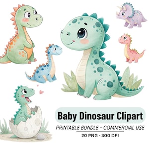 Clipart de dinosaurio bebé en acuarela, lindos dinosaurios PNG, baby shower, cumpleaños de dinosaurio bebé, decoración de guardería de dinosaurios, diario basura, uso comercial