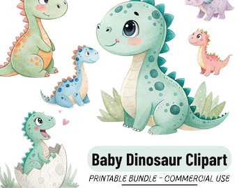 Watercolor Baby Dinosaur Clipart: Nursery Decor PNG (Commercial Use)