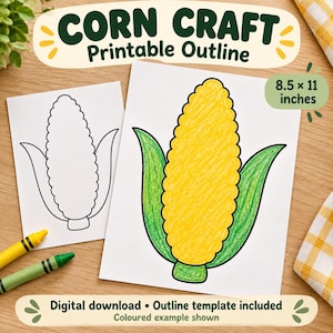 Puede incluir: Una plantilla imprimible de manualidad de maíz con un contorno en blanco y negro de una mazorca y un ejemplo coloreado con mazorca amarilla y hojas verdes. El texto dice Corn Craft Printable Outline y 8.5 x 11 inches.
