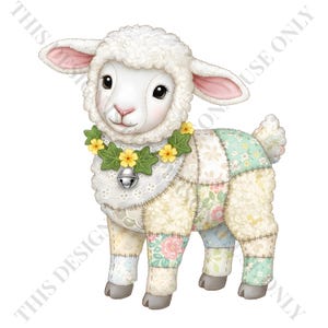 May include: A charming illustration of a lamb with a patchwork body in pastel colors. The lamb has a fluffy white head and ears with a floral collar and a silver bell. The lamb's body is made of various floral patterned fabrics.