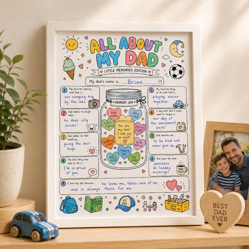 May include: A framed white poster titled All About My Dad Little Memories Edition with colorful hand-drawn illustrations including a sun, moon, soccer ball, and a central memory jar filled with heart-shaped notes and handwritten text.