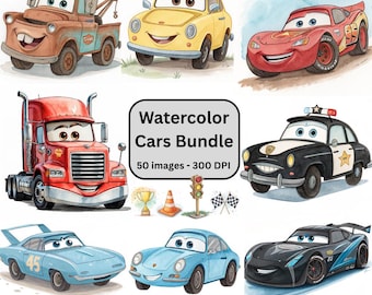 Watercolor Cartoon Cars Clipart: High-Res PNG Art Prints (Digital Download)