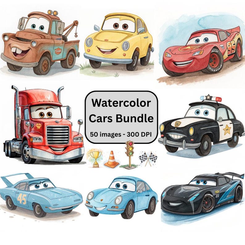 May include: Watercolor Cars Bundle image featuring various cartoon cars in different colors. The image includes a tow truck, a yellow car, a red race car, a red semi-truck, a police car, a blue car, a light blue car, and a black race car. The image also includes the text "Watercolor Cars Bundle 50 images - 300 DPI."