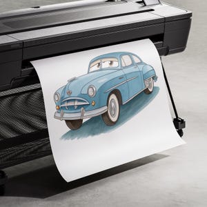 May include: A watercolor illustration of a light blue vintage car with cartoon eyes, printed on white paper. The car has white-walled tires and chrome accents. The artwork is being printed by a large format printer.