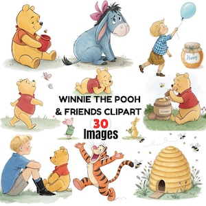 Winnie the Pooh and Friends Watercolor PNG Clipart, Pooh Baby Shower Png, Pooh Birthday Decoration, Eeyore Piglet Tigge, Digital Download