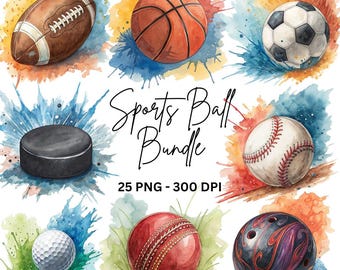 Watercolor Sports Balls Clipart: 25 PNG Graphics (Commercial Use)