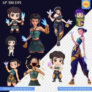 May include: A collection of digital art images featuring a female character in various poses and outfits. The character is depicted with dark hair and is holding glowing blue objects. The images have a dark blue background and the text "HIGHLY DETAILED IMAGES" and "TRANSPARENT BACKGROUND".