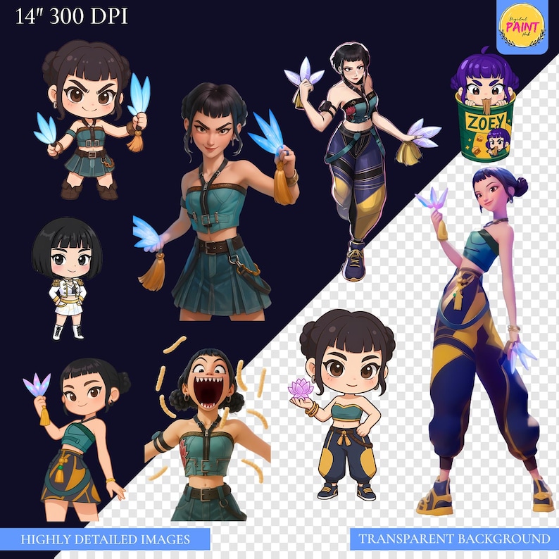 May include: A collection of digital art images featuring a female character in various poses and outfits. The character is depicted with dark hair and is holding glowing blue objects. The images have a dark blue background and the text "HIGHLY DETAILED IMAGES" and "TRANSPARENT BACKGROUND".