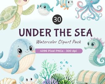 Watercolor Sea Animals Clipart: Ocean Nursery Art PNG (Digital Download)