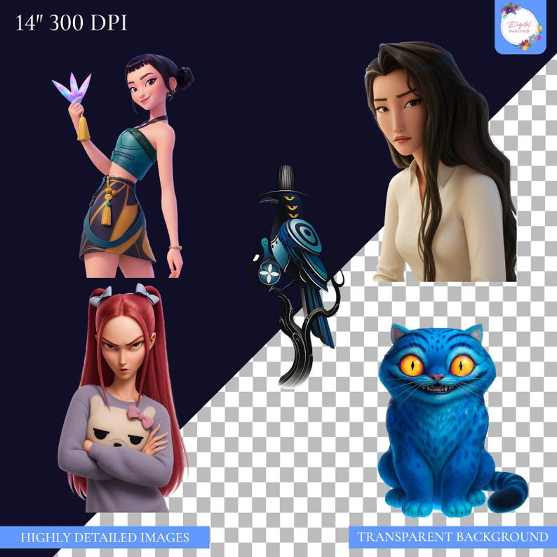May include: Digital art featuring four animated characters: a woman holding a flower, a woman with long black hair, a blue cat with yellow eyes, and a blue bird-like creature. The image has the text "14" 300 DPI", "HIGHLY DETAILED IMAGES", and "TRANSPARENT BACKGROUND".