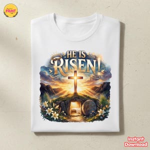 Él ha resucitado PNG Mateo 28:6 Clipart de primavera de flores silvestres Sublimación de Pascua PNG Camiseta con cruz cristiana santa DTF - Descarga instantánea