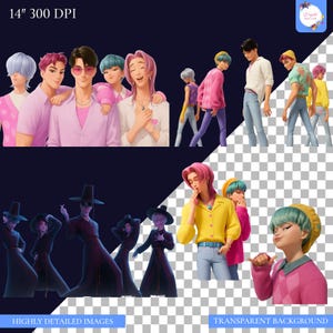 May include: Digital art featuring a group of stylized male figures in various poses and outfits. The color palette includes pinks, blues, yellows, and blacks. The image has text that says "HIGHLY DETAILED IMAGES" and "TRANSPARENT BACKGROUND".