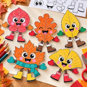 May include: Five paper cutouts of autumn leaves with cartoon faces, arms, and legs. The leaves are colored red, orange, and yellow, wearing mittens and boots. One leaf wears a teal scarf. The cutouts are arranged on a sheet of paper.