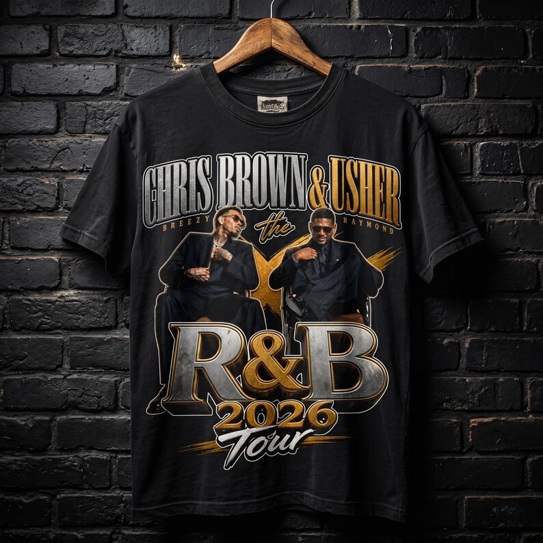 May include: Black t-shirt with a graphic design. The design features the text "CHRIS BROWN & USHER" above "the R&B 2026 Tour". The design includes images of Chris Brown and Usher in a vintage style.