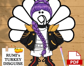 Rumi verschleiert einen Truthahn Printable - KPOP Demon Hunters Huntrix Rumi's Truthahn in Verkleidung - Kids Thanksgiving Aktivität - Instant Download