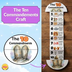May include: A craft project titled "The Ten Commandments Craft" with illustrations of the Ten Commandments. The craft includes a circular image of stone tablets and a vertical list with numbered commandments and corresponding images.