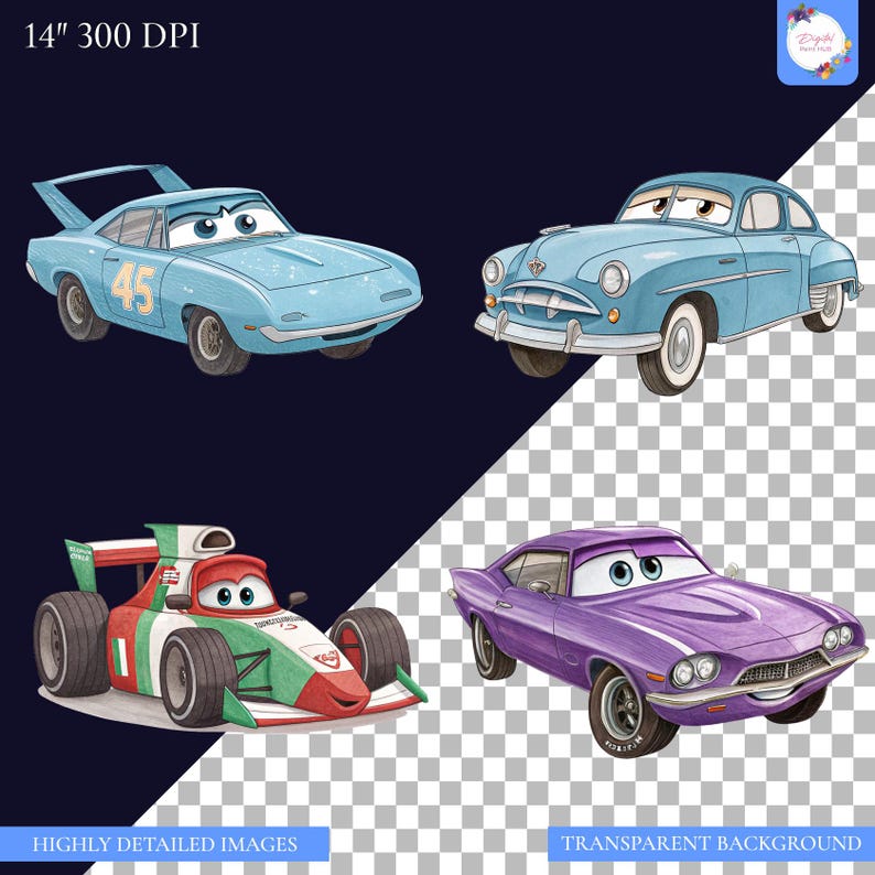 May include: Four cartoon car illustrations on a dark blue background. The cars are a light blue muscle car with the number 45, a light blue vintage car, a red, white, and green race car, and a purple muscle car.