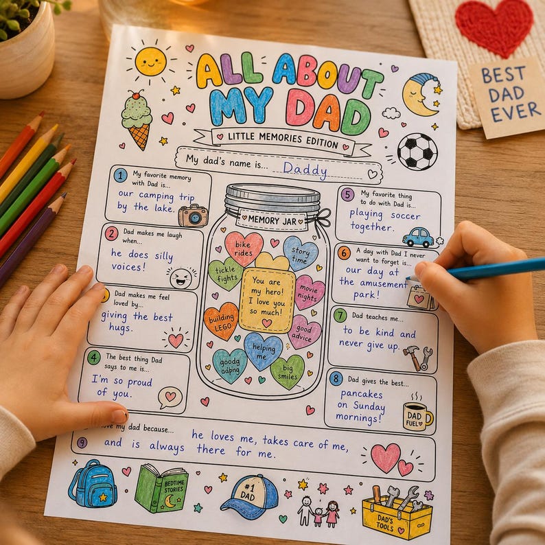 May include: A white paper activity sheet titled All About My Dad Little Memories Edition with colorful hand-drawn illustrations including a memory jar filled with hearts, a sun, a moon, a soccer ball, and a toolbox, featuring handwritten text.