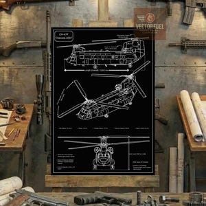 May include: A black and white blueprint-style poster of a CH-47F Chinook helicopter, with detailed diagrams and specifications. The poster is displayed on an easel, surrounded by firearms and tools, creating a military or engineering theme.