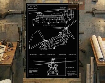 Plano técnico del helicóptero CH-47F Chinook / Dibujo técnico imprimible / Decoración para elevación de cargas pesadas
