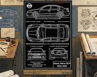 Nissan Altima SE-R 2005–2006 Blueprint Wall Art | Printable Technical Drawing