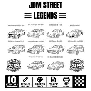 Può includere: Una pagina da colorare in bianco e nero intitolata TECHNICAL COLORING WORKS JDM STREET LEGENDS con dieci illustrazioni al tratto di auto sportive giapponesi, tra cui Nissan Skyline, Toyota Supra, Mazda RX-7 e Honda NSX con etichette di testo.
