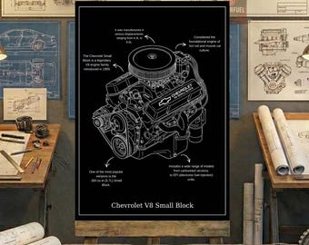 Chevrolet V8 Small Block Engine Blueprint Art - Black and White Line Drawing - Mechanic Gift - Digital Download