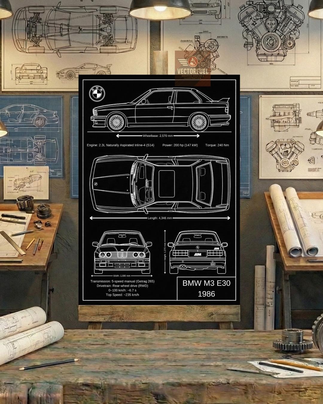 BMW M3 E30-1986 Blueprint Wall Art | Printable Technical Drawing - Etsy