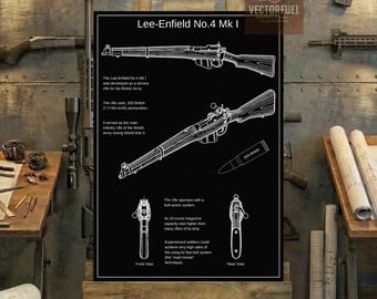 Lee-Enfield No.4 Mk I Technical Blueprint Wall Art | Printable Technical Drawing