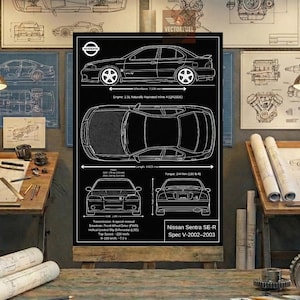May include: Black poster featuring a white schematic of a Nissan Sentra SE-R Spec V-2002-2003. The poster includes top, side, front, and rear views, along with specifications such as wheelbase, engine type, and torque.