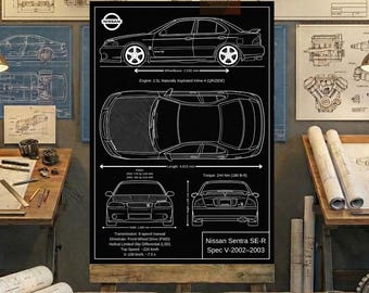 Nissan Sentra SE-R Spec V-2002–2003 Blueprint Wall Art | Printable Technical Drawing