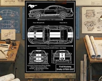 Ford Mustang Shelby GT500-2007 Blueprint Wall Art | Printable Technical Drawing