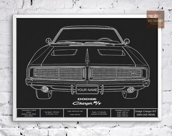 Personalized 1969 Dodge Charger R/T Blueprint - Custom Name Plate - Muscle Car Art
