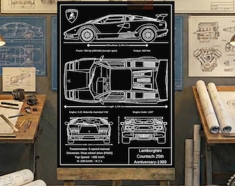 Lamborghini Countach 25th Anniversary-1989 Blueprint Wall Art | Printable Technical Drawing